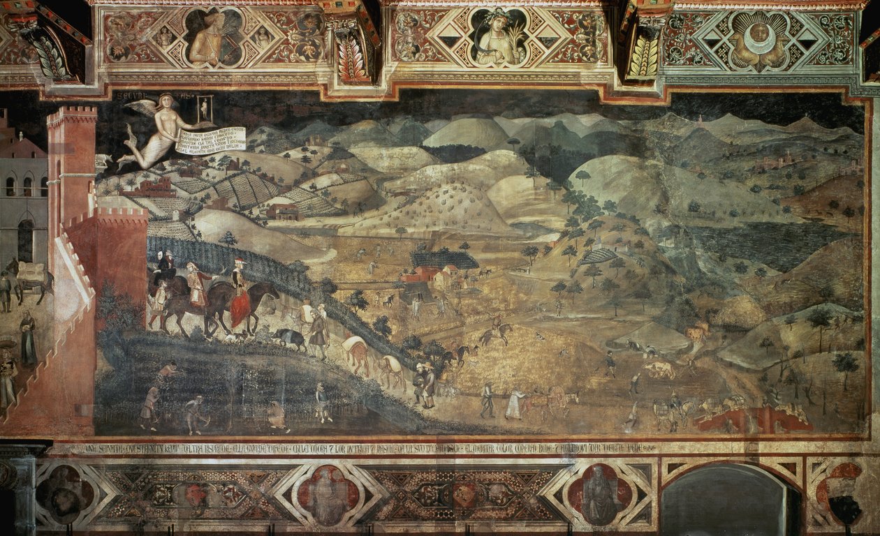Kırsal alan (İyi yönetişimin şehirlerde ve kırsaldaki etkilerinin detayı) - Fresk, Ambrogio Lorenzetti (1285-1348?), 390x810 cm by Ambrogio Lorenzetti