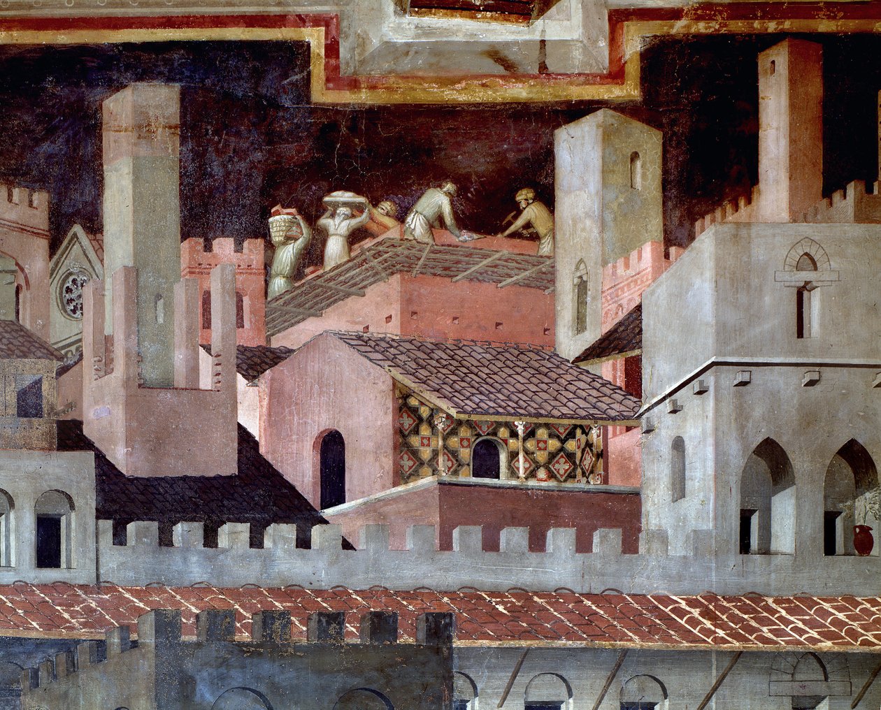 İyi ve kötü yönetimin şehir ve ülke üzerindeki etkileri. Şehirdeki iyi yönetimin etkilerinin detayı - 1338-1340, Fresk by Ambrogio Lorenzetti