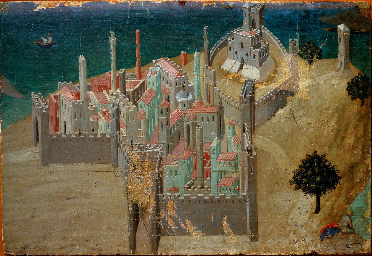 Deniz Detayına yakın müstahkem bir kasabanın görünümü. Ahşap üzerine Detrempe, Ambrogio Lorenzetti by Ambrogio Lorenzetti