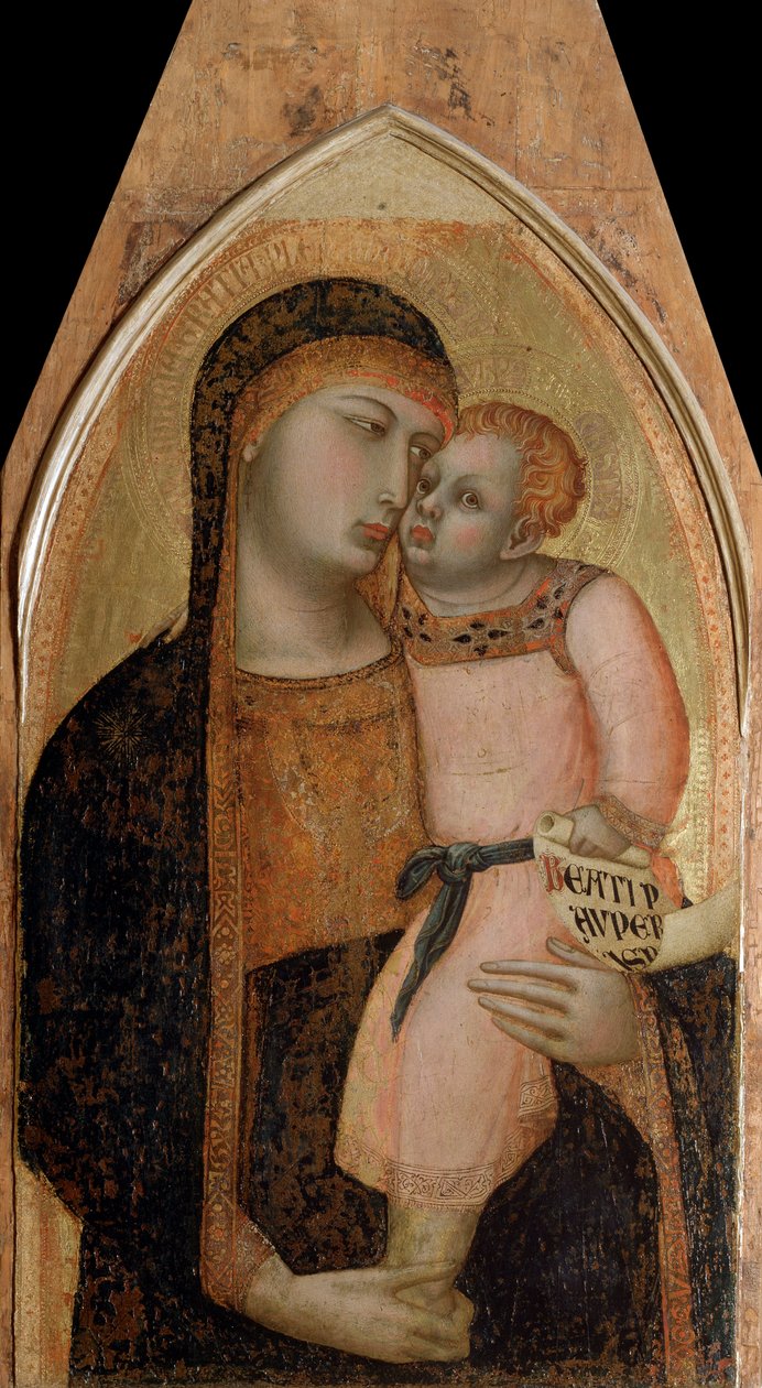 Çocuklu Bakire (poliptiğin orta paneli) - panelde tempera ve altın by Ambrogio Lorenzetti
