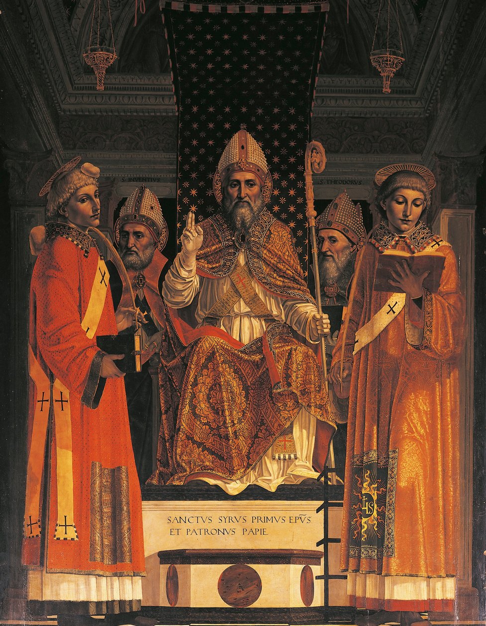 İtalya, Lombardiya, Pavia Charterhouse (Certosa), sağda beşinci şapel, bilinen Ambrogio da Fossano#39;nun (quot;il Bergognonequot;) oturduğu Aziz Syrus#39;un bulunduğu sunak parçası by Ambrogio da Fossano (c.1460 1523)