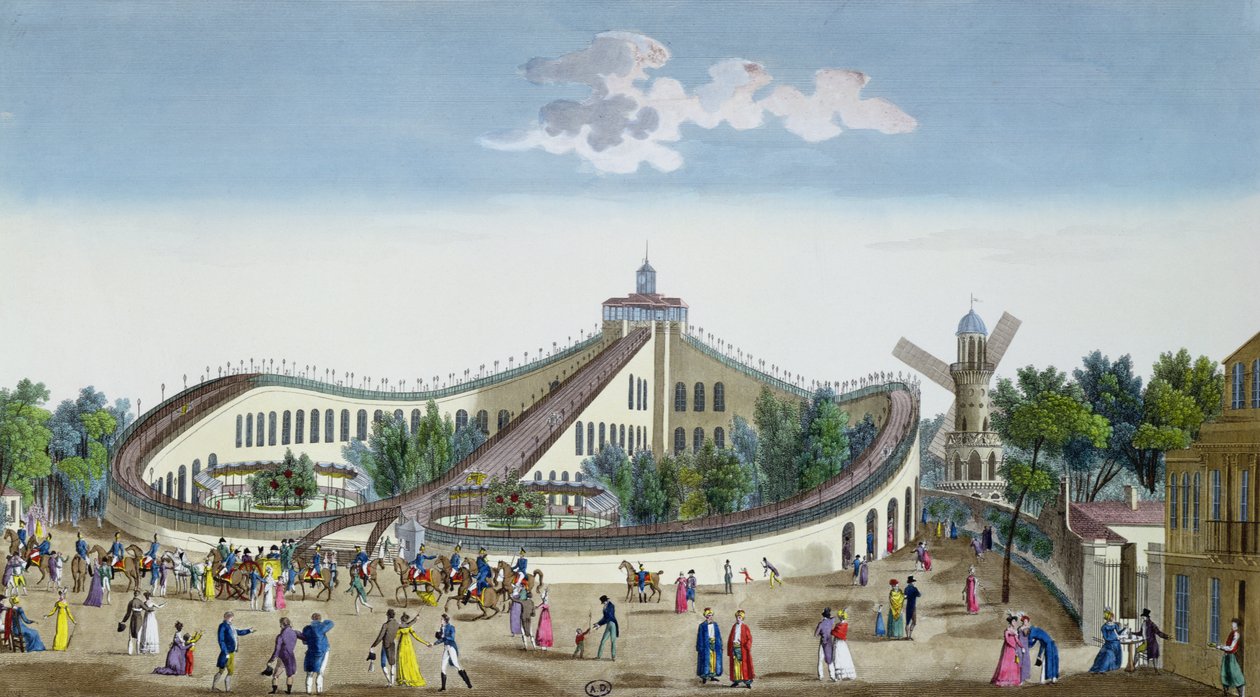 Promenades Aeriennes, Jardin Baujon, Majesteleri tarafından onurlandırıldı, 2 Ağustos 1817, c.1817 (renkli gravür) by Ambroise Louis Garneray