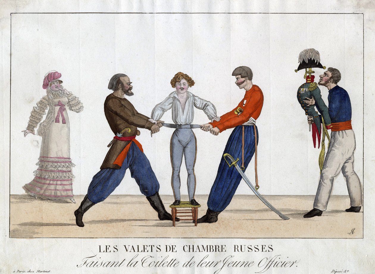 Genç bir Rus subayının tuvaleti - Garneray, Ambroise Louis (1783-1857) - c. 1815 - Gravür, suluboya - 24x32,6 - Özel Koleksiyon by Ambroise Louis Garneray