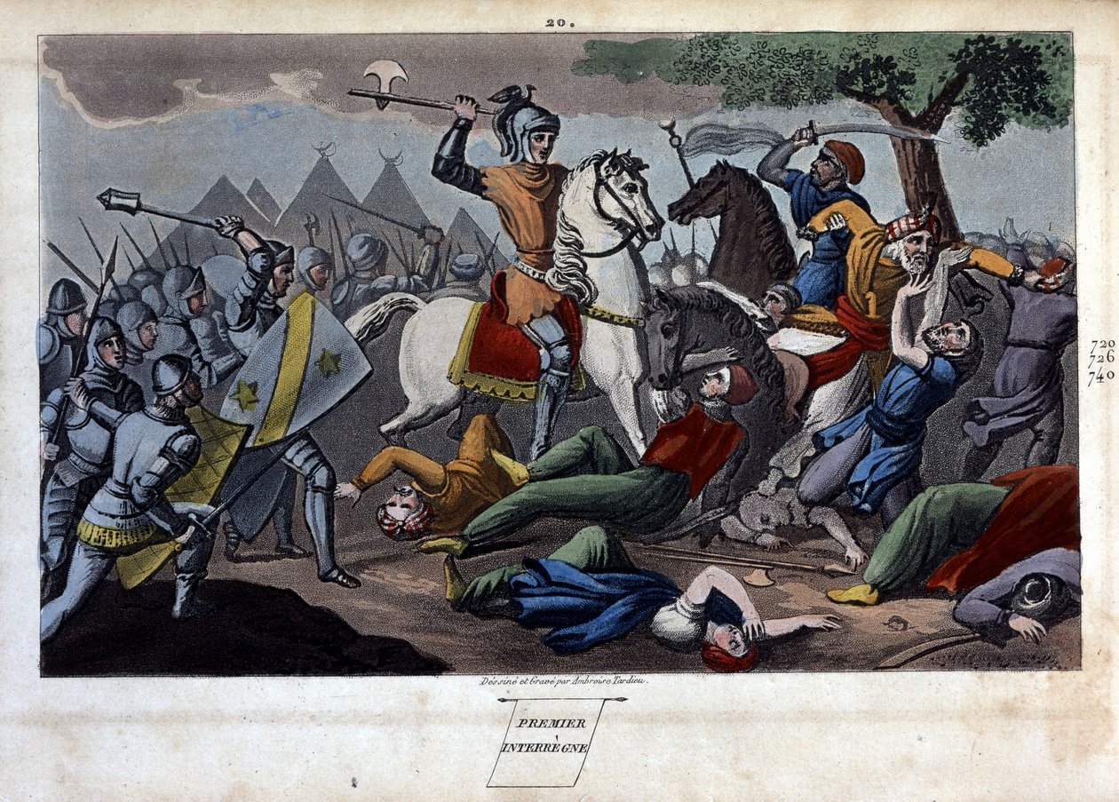 Poitiers Muharebesi: Charles Martel, Tours ve Poitiers arasında yenildi Abd al-Rahman I veya Abderamane I (Abd al-Rahman) (731-788), Saracens kralı 732 - Ambrose Tardieu tarafından 1825