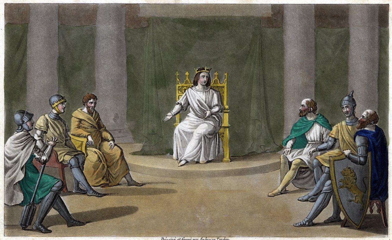Caribert veya Chérebert, Paris kralı (561 - 567), adaleti verdiği yerde avukat tutuyor. 1825 yılında Ambroise Tardieu tarafından tasarlanmış ve kazınmıştır. by Ambroise Tardieu