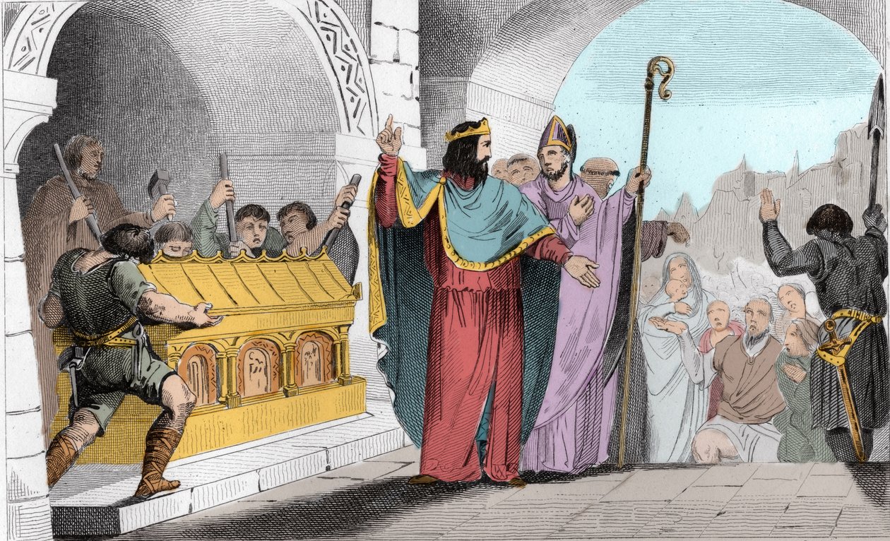 Clovis II (635-657) Yoksulları Beslemek için Tapınaktan Gümüş ve Altın Satıyor - Clovis II dit “le Faineant” yoksulları beslemek için Saint-Denis kilisesinden altın ve gümüş bıçaklar yaptı - 1825 yılında Gravür Syn ile temsil edilen Histoire de France by Ambroise Tardieu
