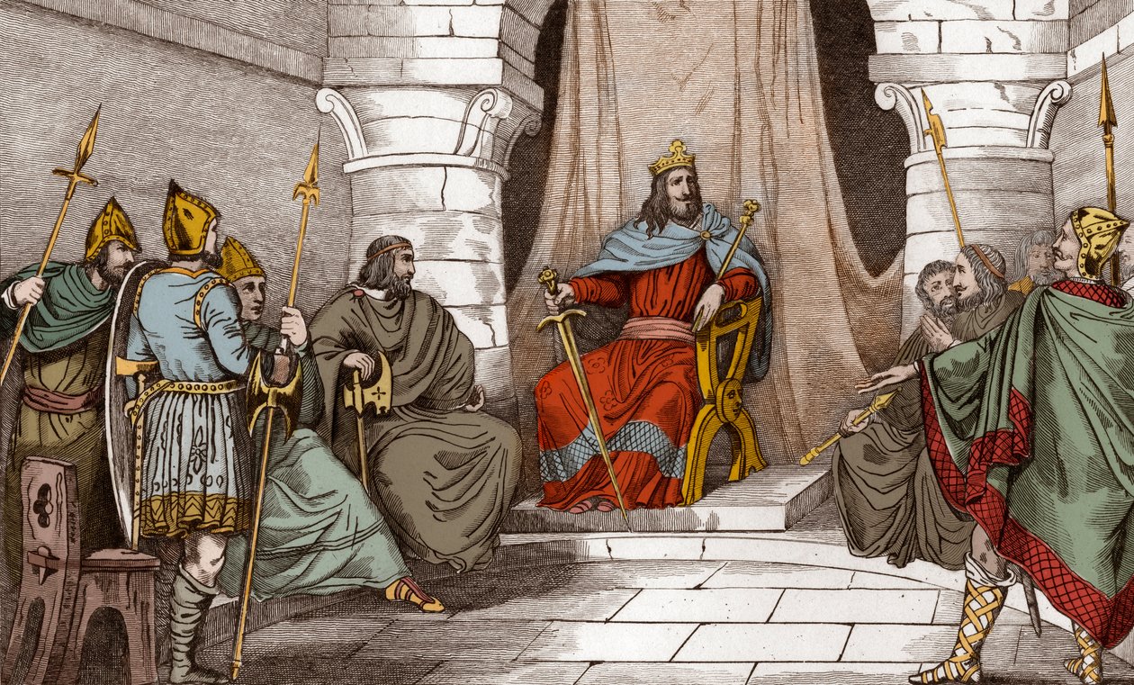 Yargıçlar Konseyinde Kral Charibert (521-567) - Caribert veya Cherebert, Paris kralı (561-567) konseyler düzenliyor ya da adaleti yerine getirdi - 1825 tarihli gravür, Fransa