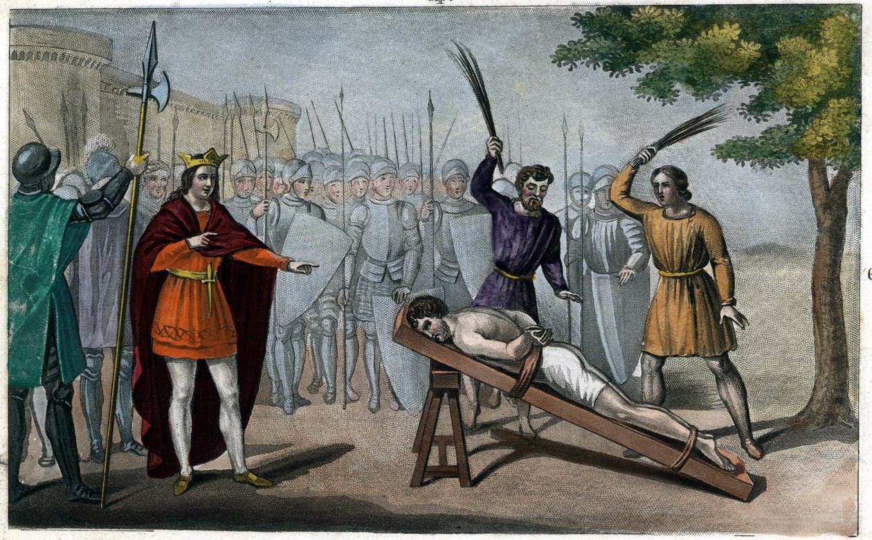 Lord Bodillon, Childeric II'nin (653-73) Vergi Artışı Hakkında Şikayette Bulunduktan Sonra Kırbaçlandı - Childeric II, Badillon veya Bodillon adında bir Burgundyalı lordu, kendisine aşırı vergi artışı tehlikesini sunmaya cesaret ettiği için bir direğe  by Ambroise Tardieu