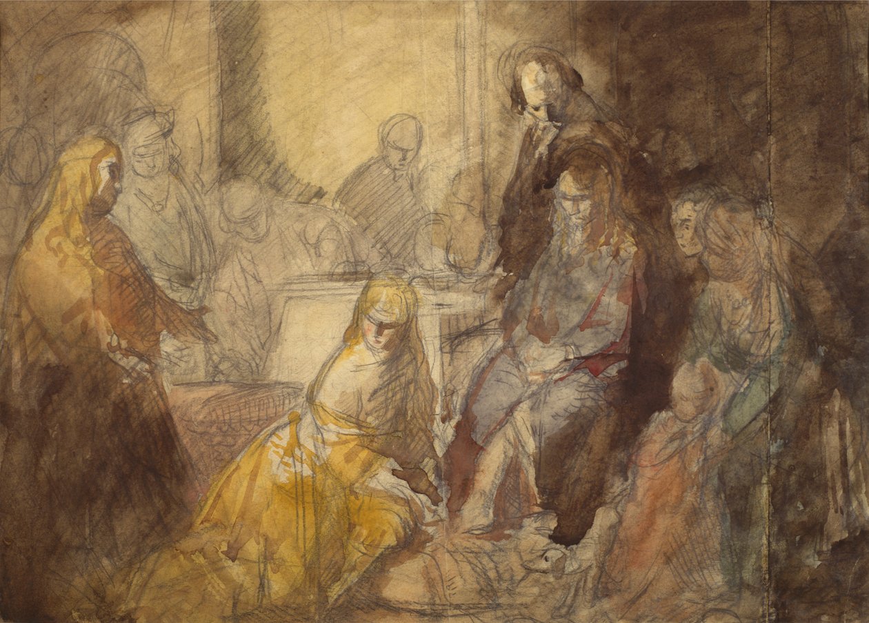 Mecdelli Meryem İsa'nın Ayaklarını meshediyor (kalem ve sulu boya) by Ambrose McEvoy