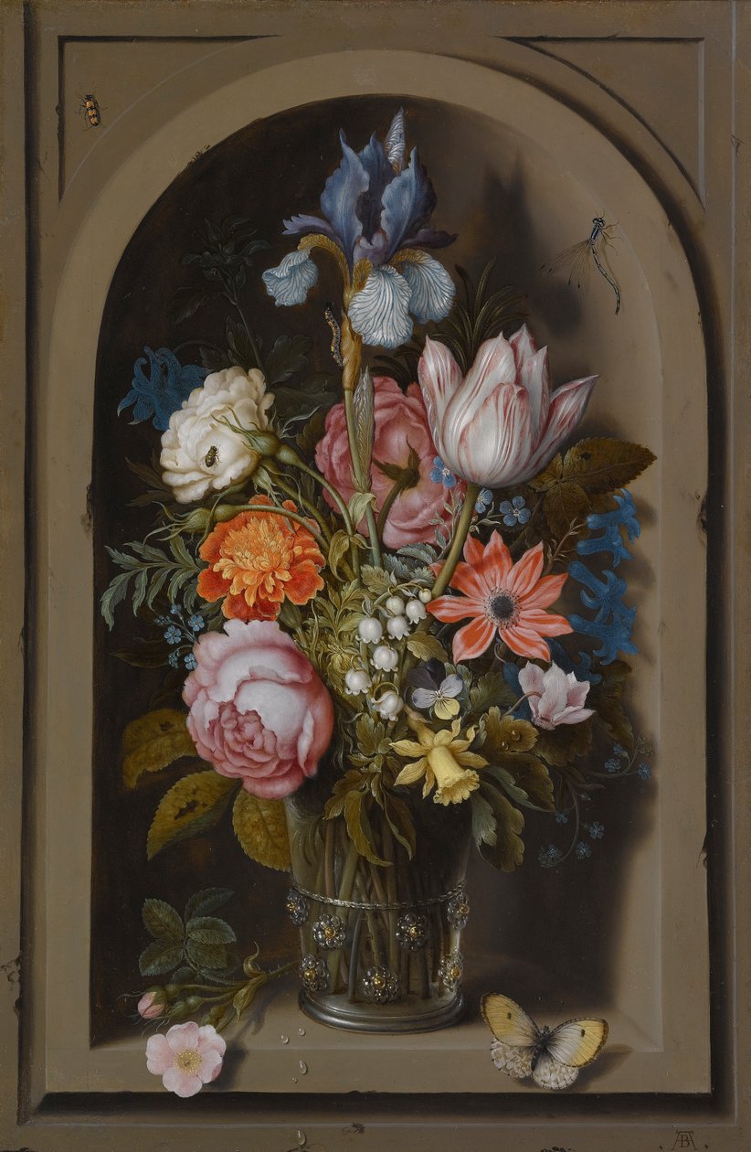 Mermer bir niş içine yerleştirilmiş bir cam beher içinde çiçeklerden oluşan bir natürmort by Ambrosius the Elder Bosschaert