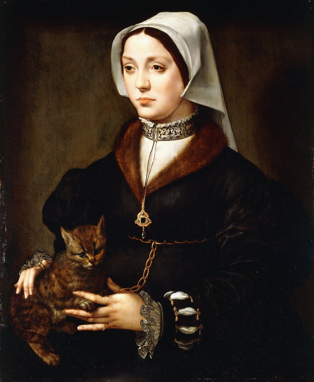 Üç çeyrek boyunda, koyu renk kostüm giyen, elinde kedi tutan bir bayanın portresi by Ambrosius Benson