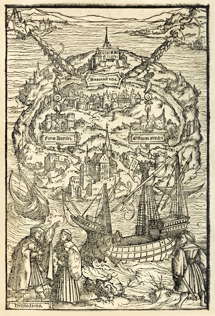 İlk olarak 1516'da yayınlanan, Sir Thomas More'un (1478-1535) 1518 tarihli Utopia baskısından Yeni Ütopya Adası'nın Haritası by Ambrosius Holbein
