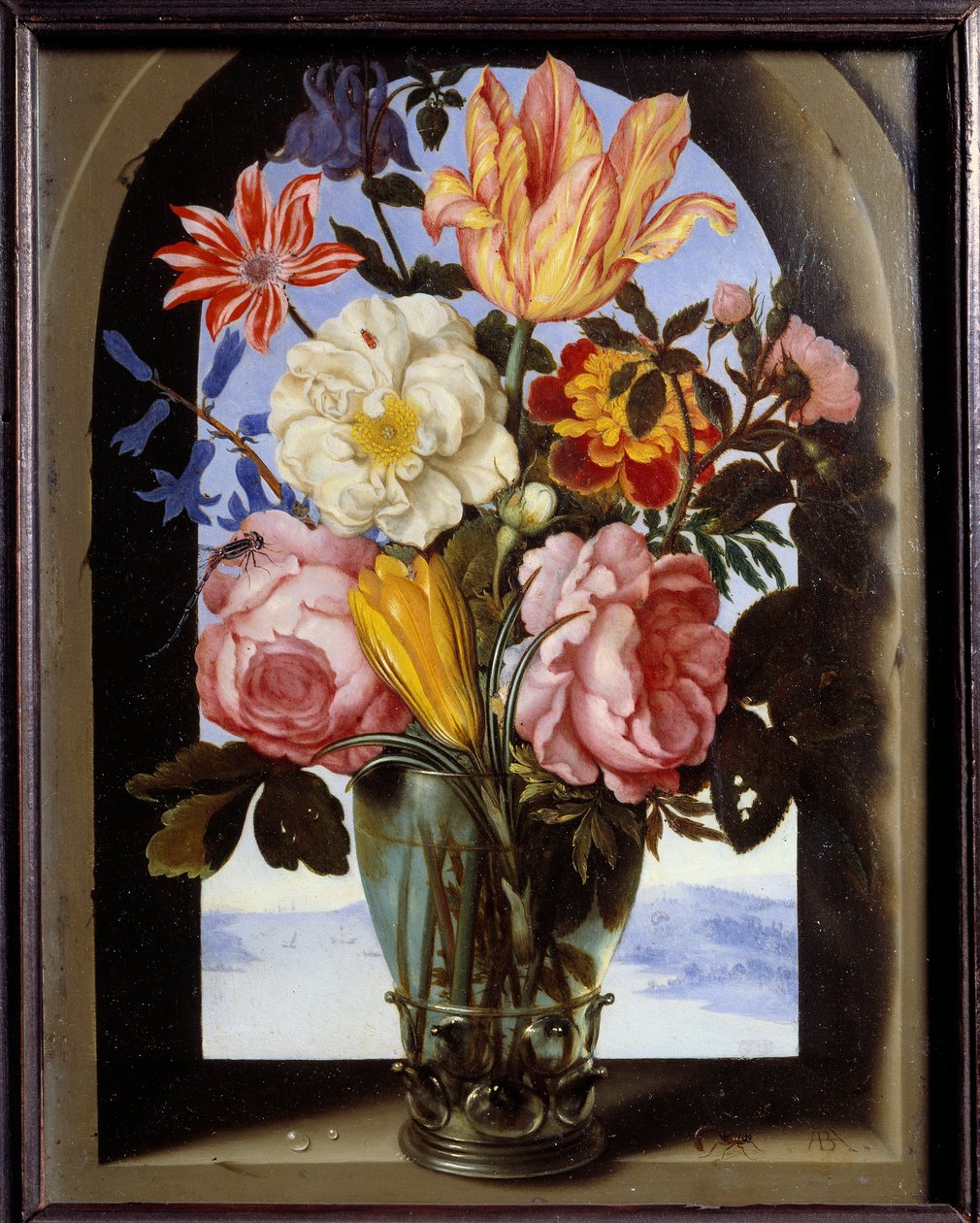 Manzaraya açılan taş çerçeve içinde çiçek buketi Resim Ambrosius Bosschaert (1573-1621) by Ambrosius the Elder Bosschaert