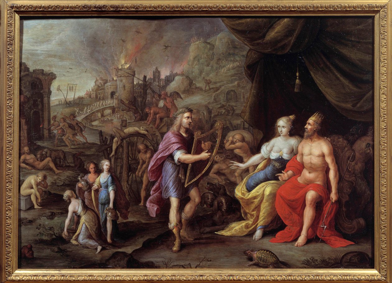 Orphee'nin yeraltı dünyasındaki temsili Orphee, liriyle Yeraltı Dünyasında Eurydice'e katılmak için Zeus'tan izin ister. Ambrosius Francken (1544-1618) tablosu 17. yüzyıl Nimes, Güzel Sanatlar Müzesi. by Ambrosius the Elder Francken or Franck