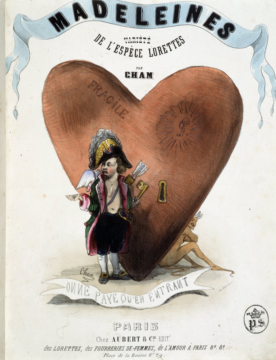 Kişi yalnızca girerken ödeme yapar (bir şeytanı saklayan bir kalpten önce Cupid (Eros) karikatürü) - Cham tarafından “” Madeleines” de, v.1870-1880 by Amédée de Noé