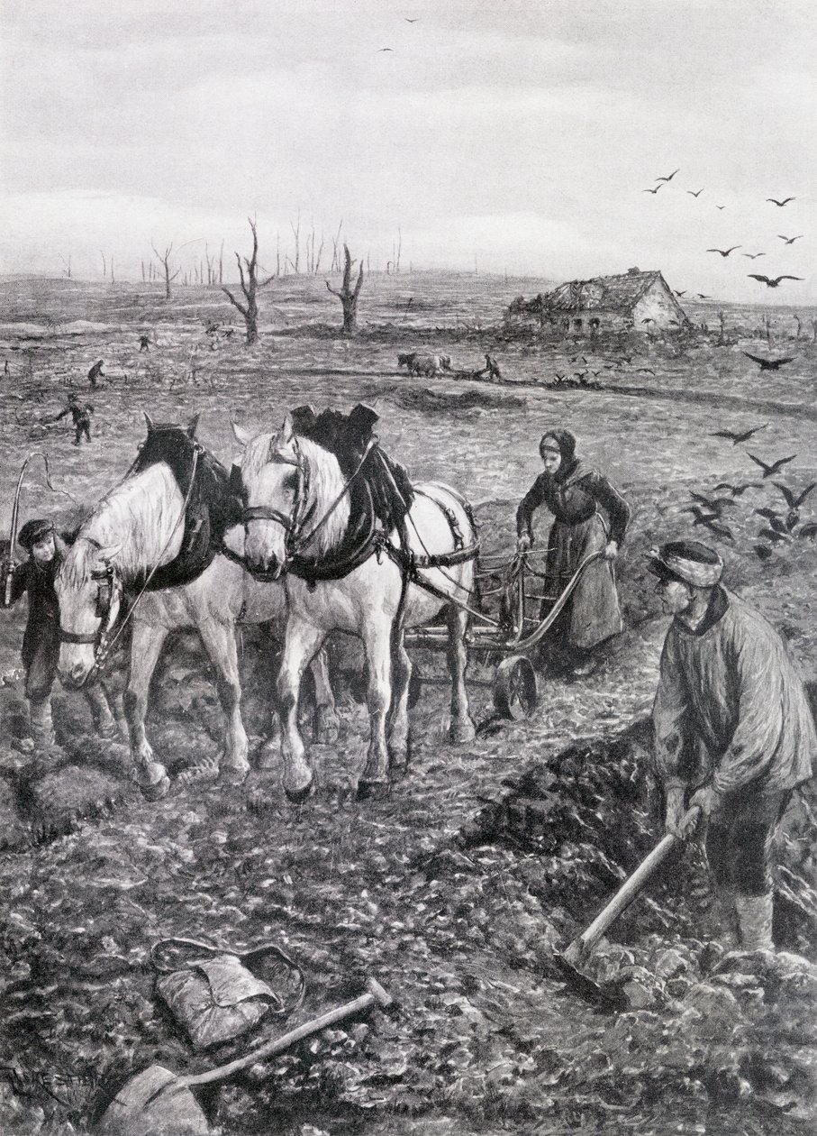 Harap Tarlalarda çalışan çiftçiler, 1918 (yarı tonlu gazete kağıdı) by Amedee Forestier