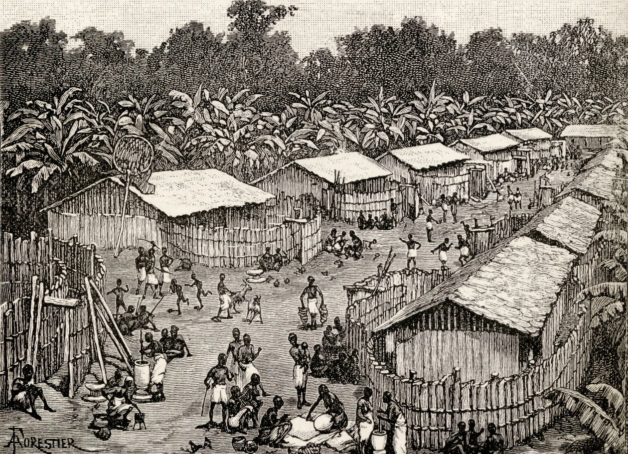 Utiri köyünün görünümü, Tanzanya, 1890 (ahşap oyma) by Amedee Forestier