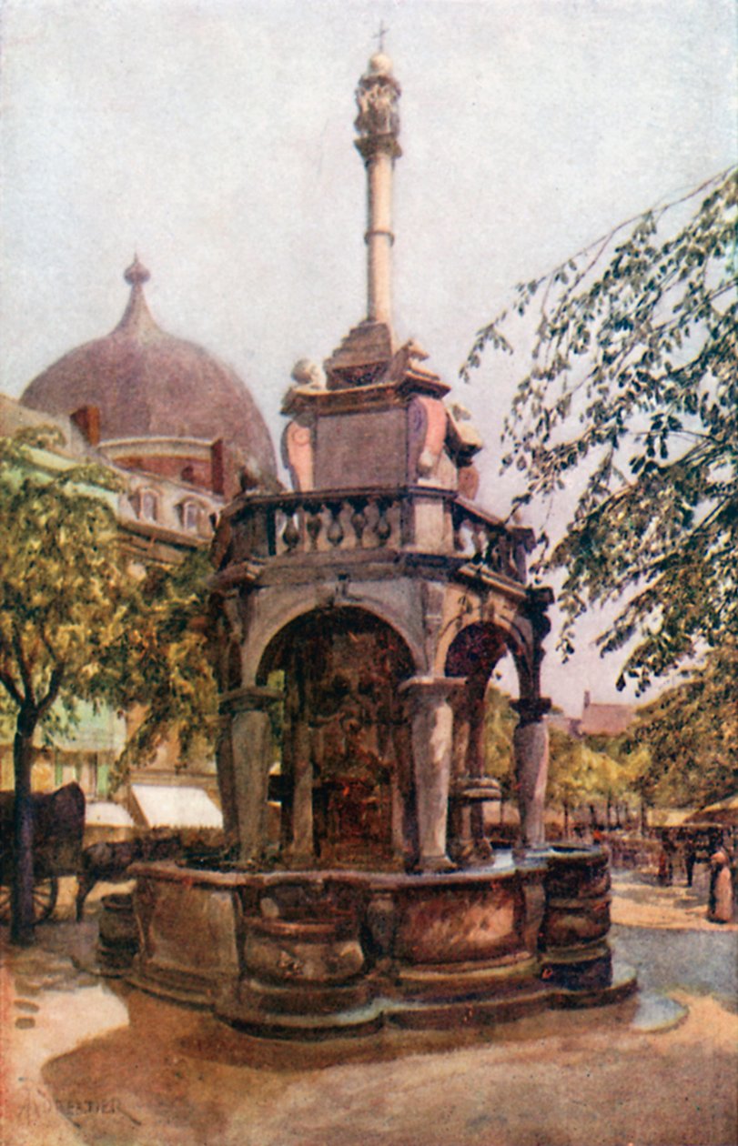 Le Perron Liegeois, Liege (renkli lito) by Amedee (after) Forestier