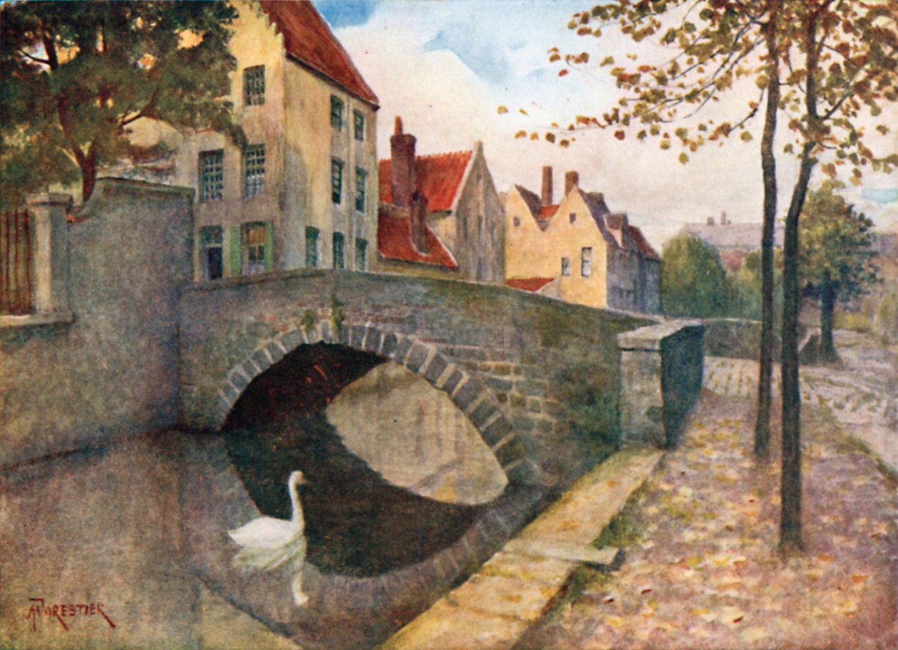 Quai des Marbriers, Bruges (renkli litografi) by Amedee (after) Forestier