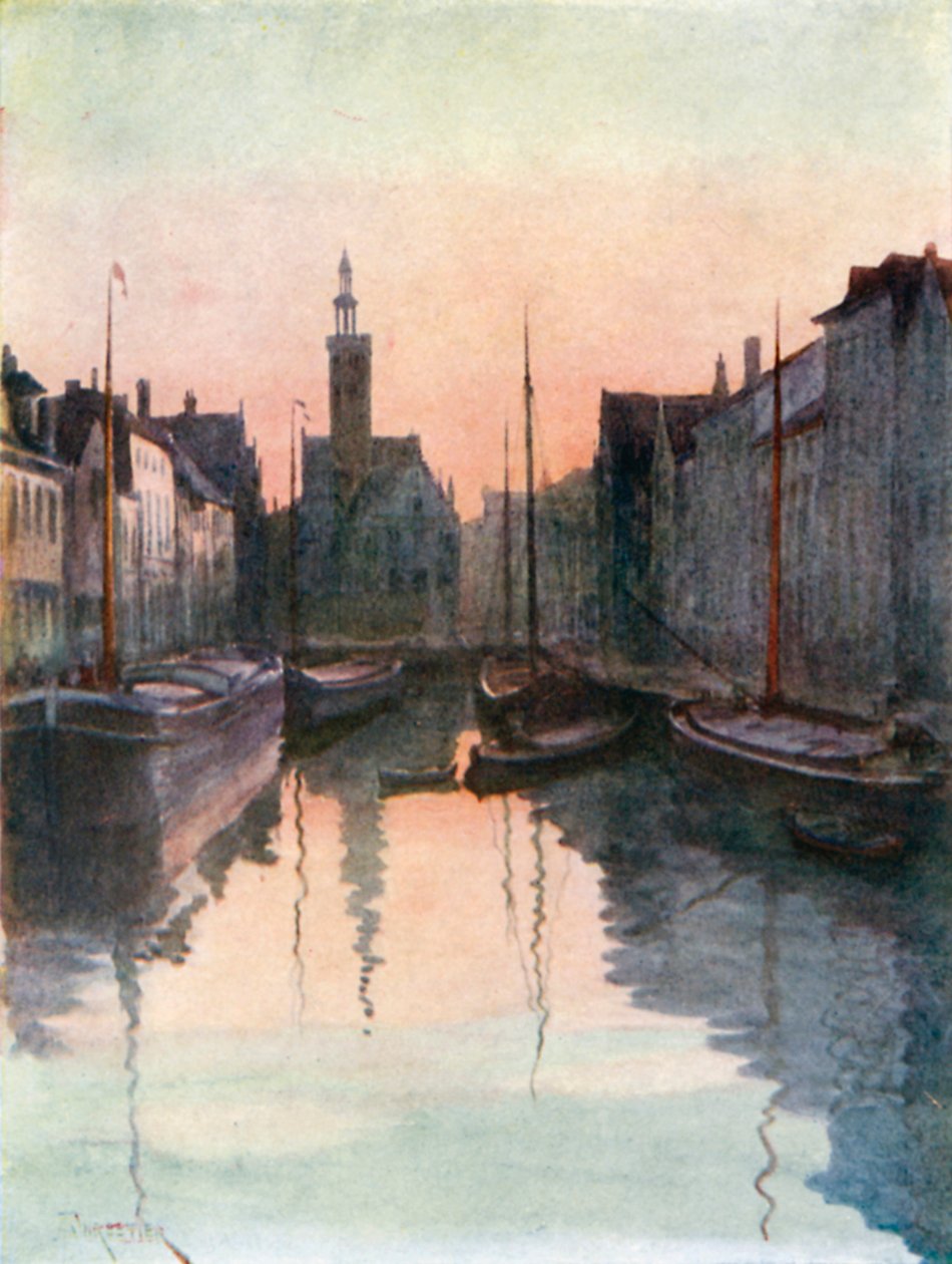 Quai du Miroir, Bruges (renkli litografi) by Amedee (after) Forestier