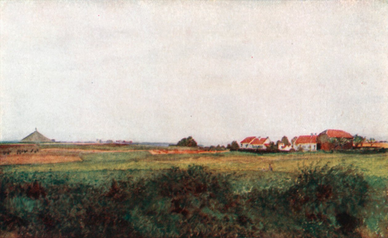 La Belle Alliance Çiftliği ve Belçika Aslanı ile Çevrili Höyük, Waterloo (renkli taş baskı) by Amedee (after) Forestier