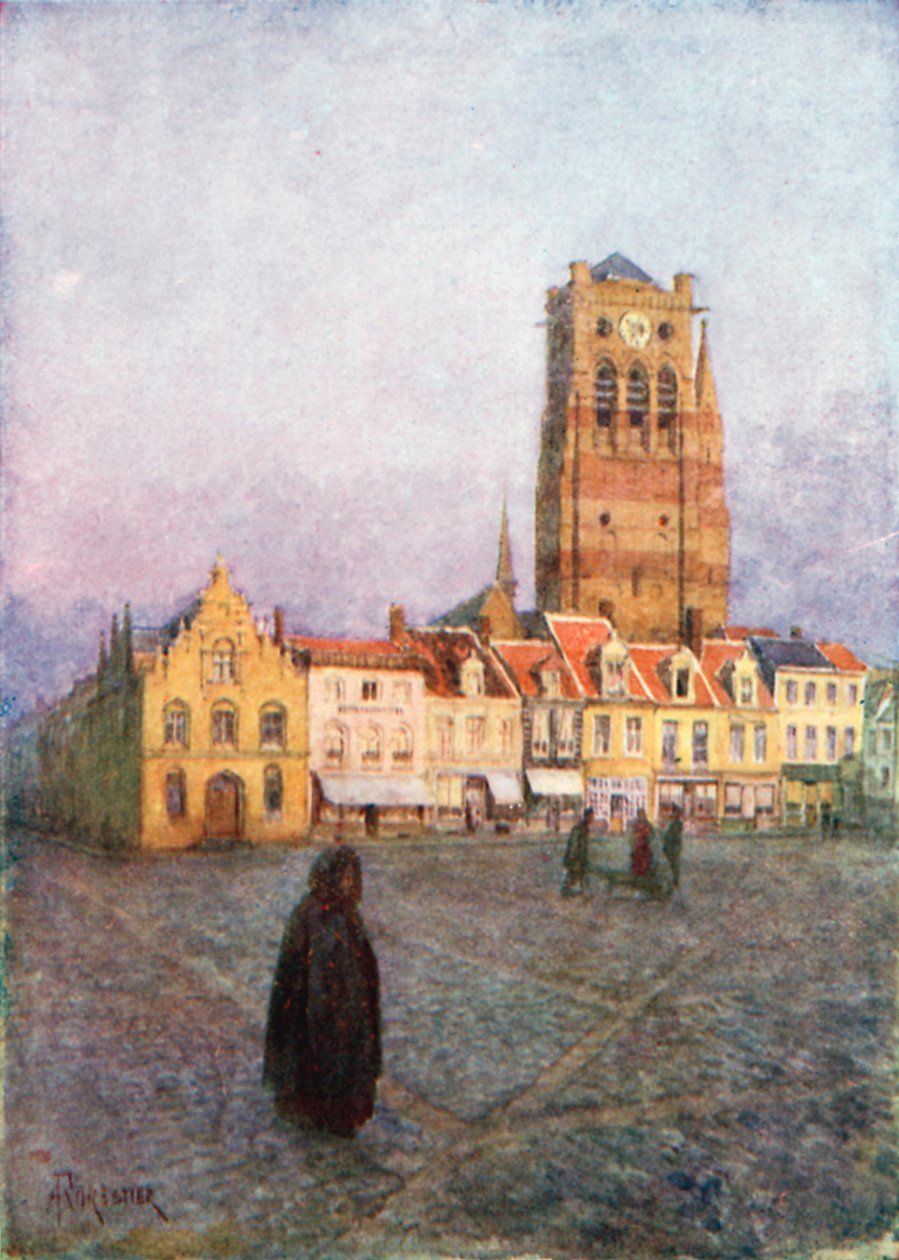 St Nicholas Kulesi, Furnes (renkli litografi) by Amedee (after) Forestier