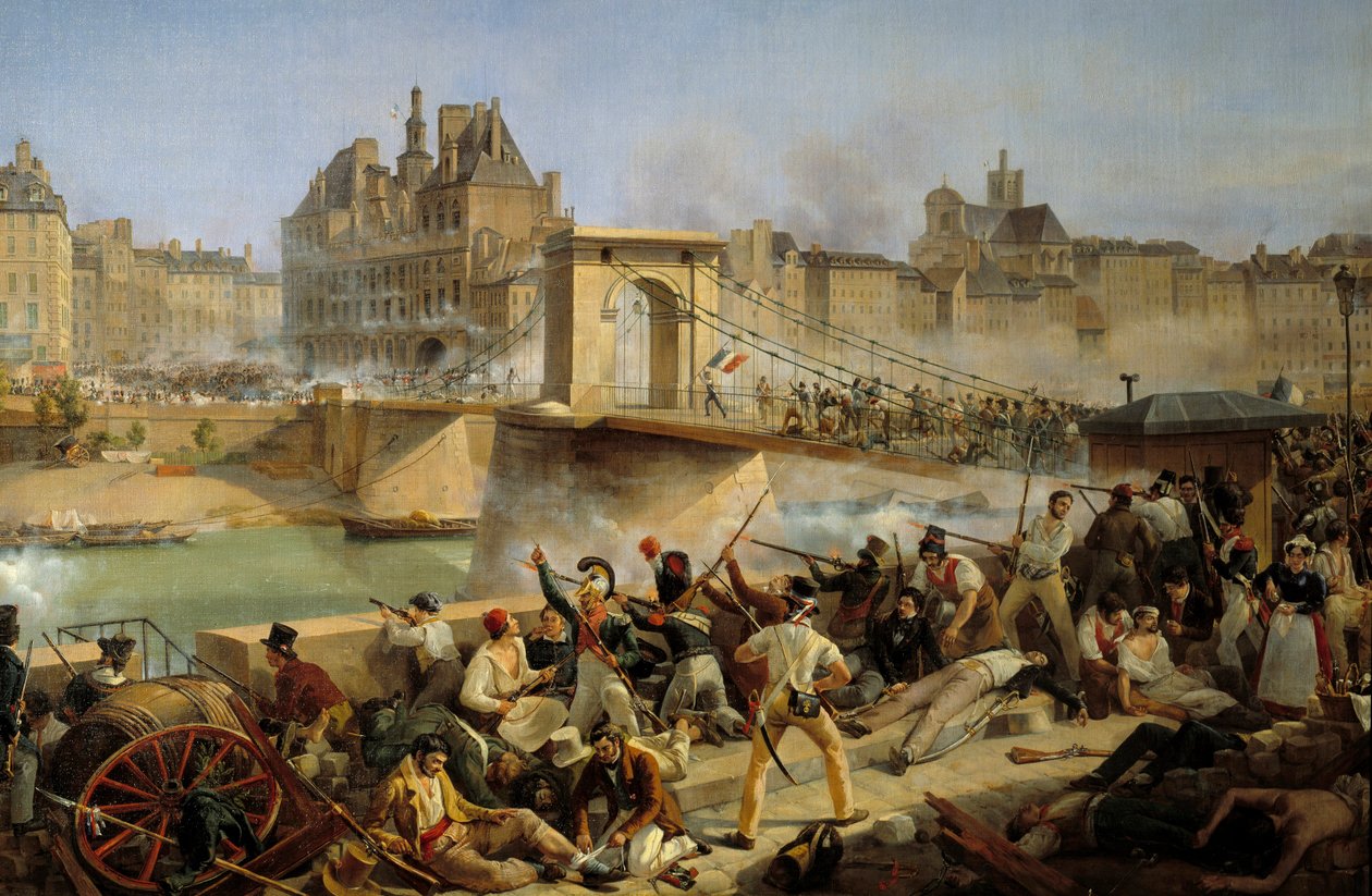 1830 Devrimi, Temmuz günü: de Ville de Paris oteline saldırı ve Arcole köprüsünde savaş, 28 Temmuz 1830 (tuval üzerine yağlı boya) by Amédée Bourgeois