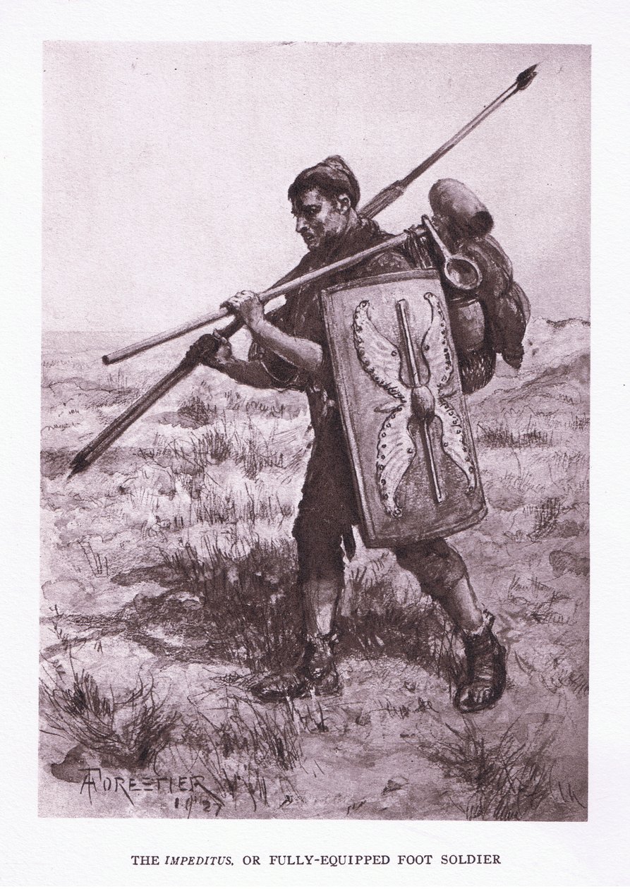 Impeditus veya tam donanımlı piyade, Roma Askerinden bir çizim, 1928 by Amedee Forestier