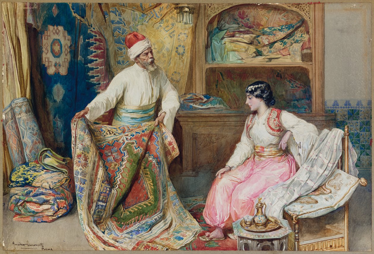 The Carpet Merchant (kalem, w/c ve kağıt üzerine guaj boya) by Amedeo Momo Simonetti