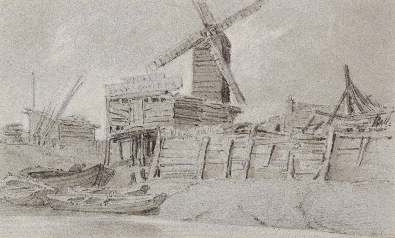Windmill and Boat Yard, c.1803 (kömür, kurşun kalem ve yıkama) by Amelia Long