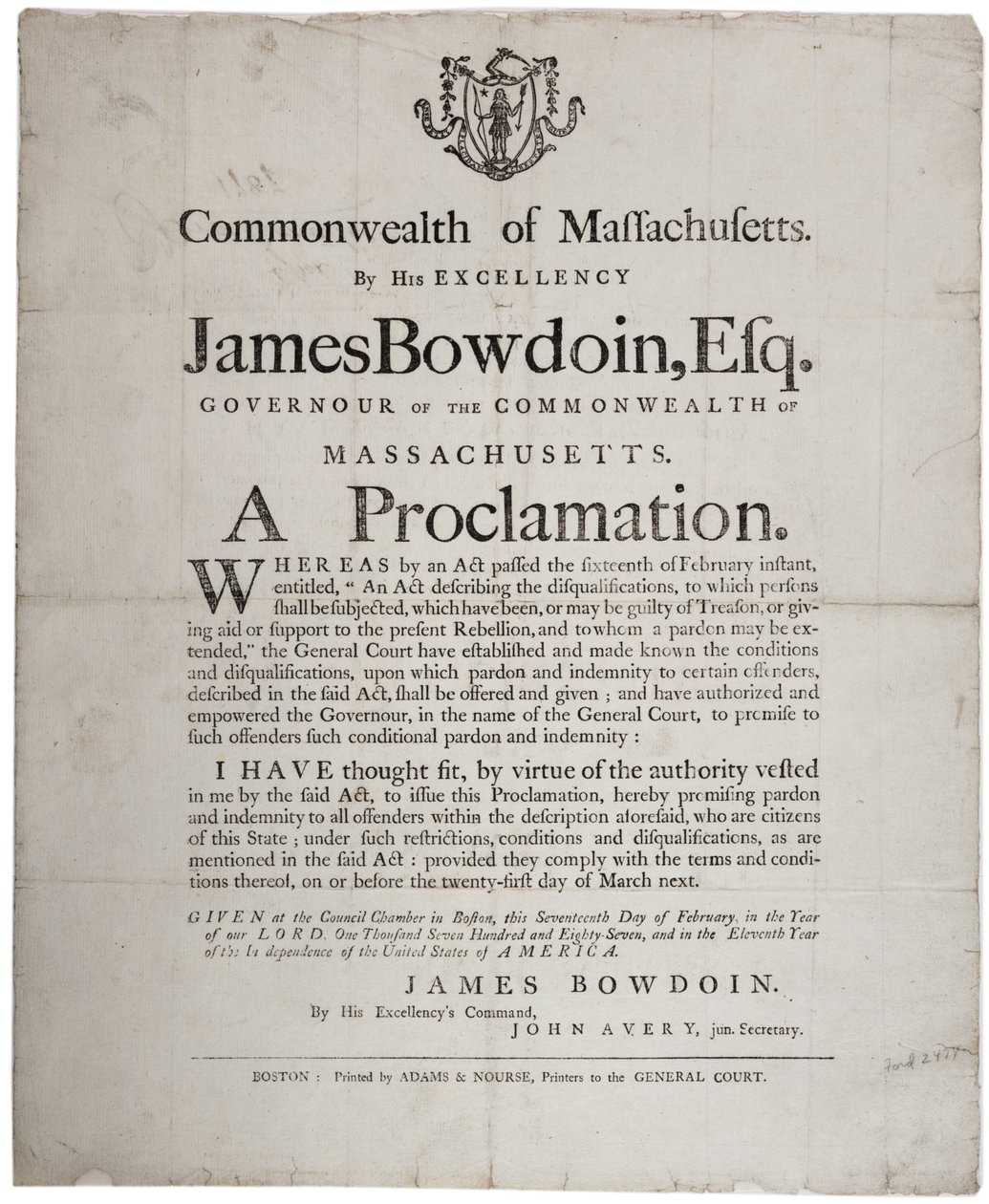Bir Bildiri: Shayss isyancılarına af teklifi, 17 Şubat 1787 by American School