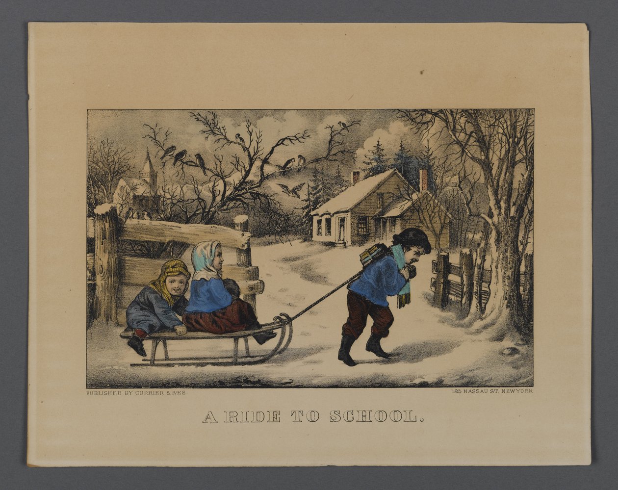 Okula Yolculuk, Currier & Ives, New York tarafından yayınlandı (el boyaması taş) by American School