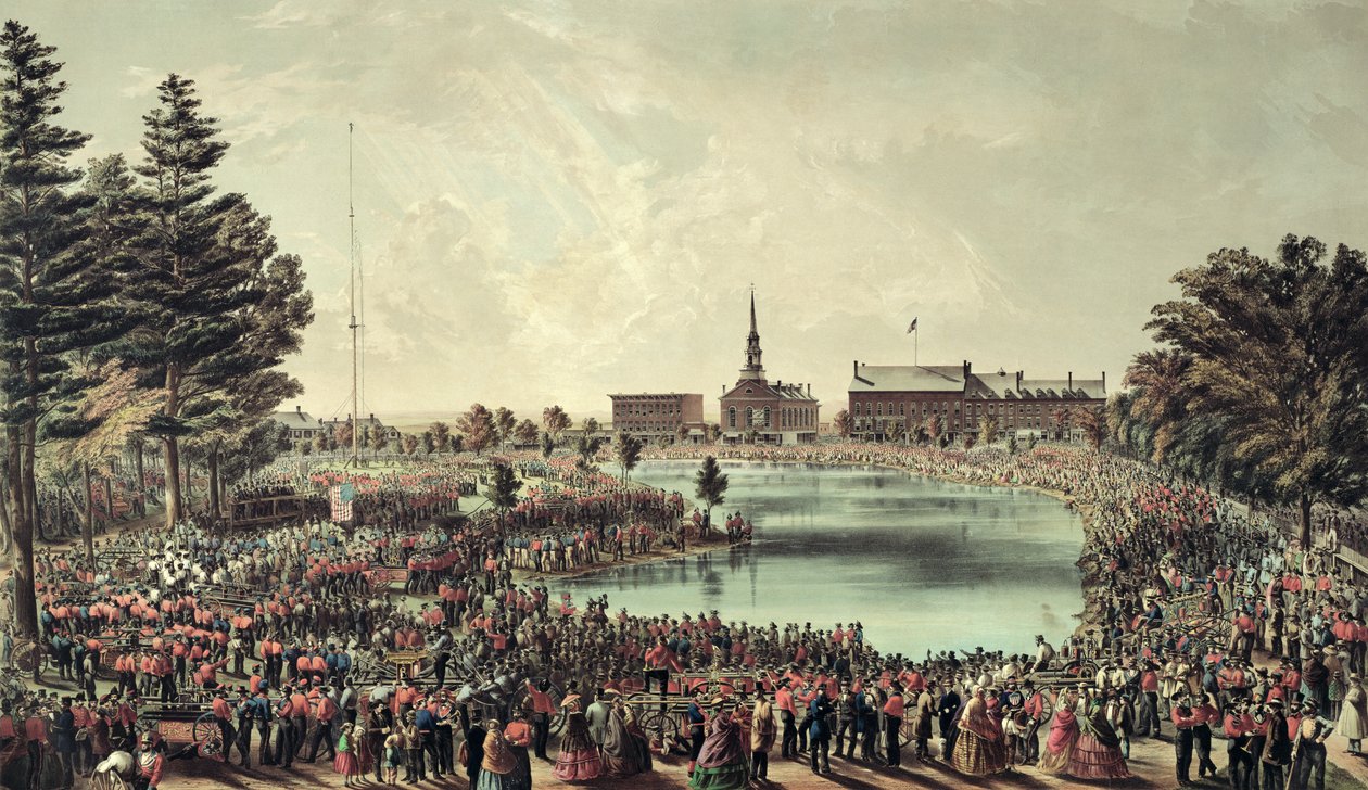 İtfaiyeciler Toplanma, Merrimack Meydanı, Manchester, New Hampshire, 1859 by American School