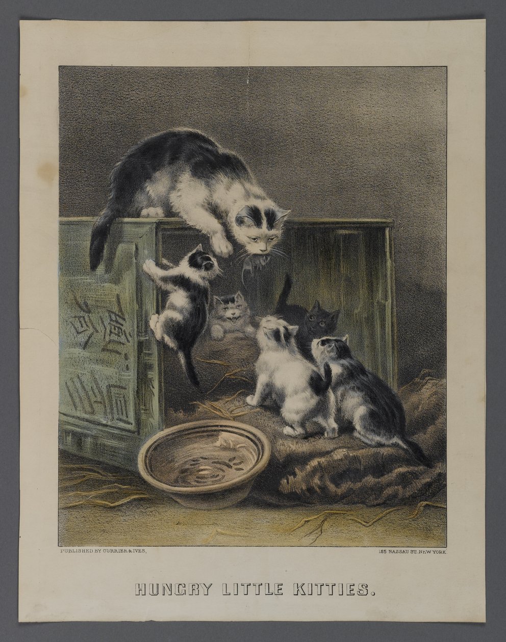 Currier & Ives, New York tarafından yayınlanan Hungry Little Kitties (el boyaması taş) by American School