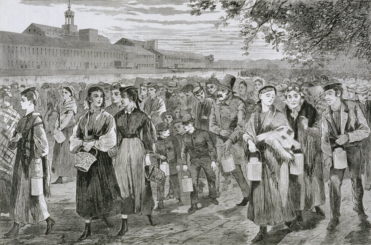 İşten sonra değirmenden ayrılan kadın ve erkekler, öğle yemeği kovaları taşıyor, 1868 by American School
