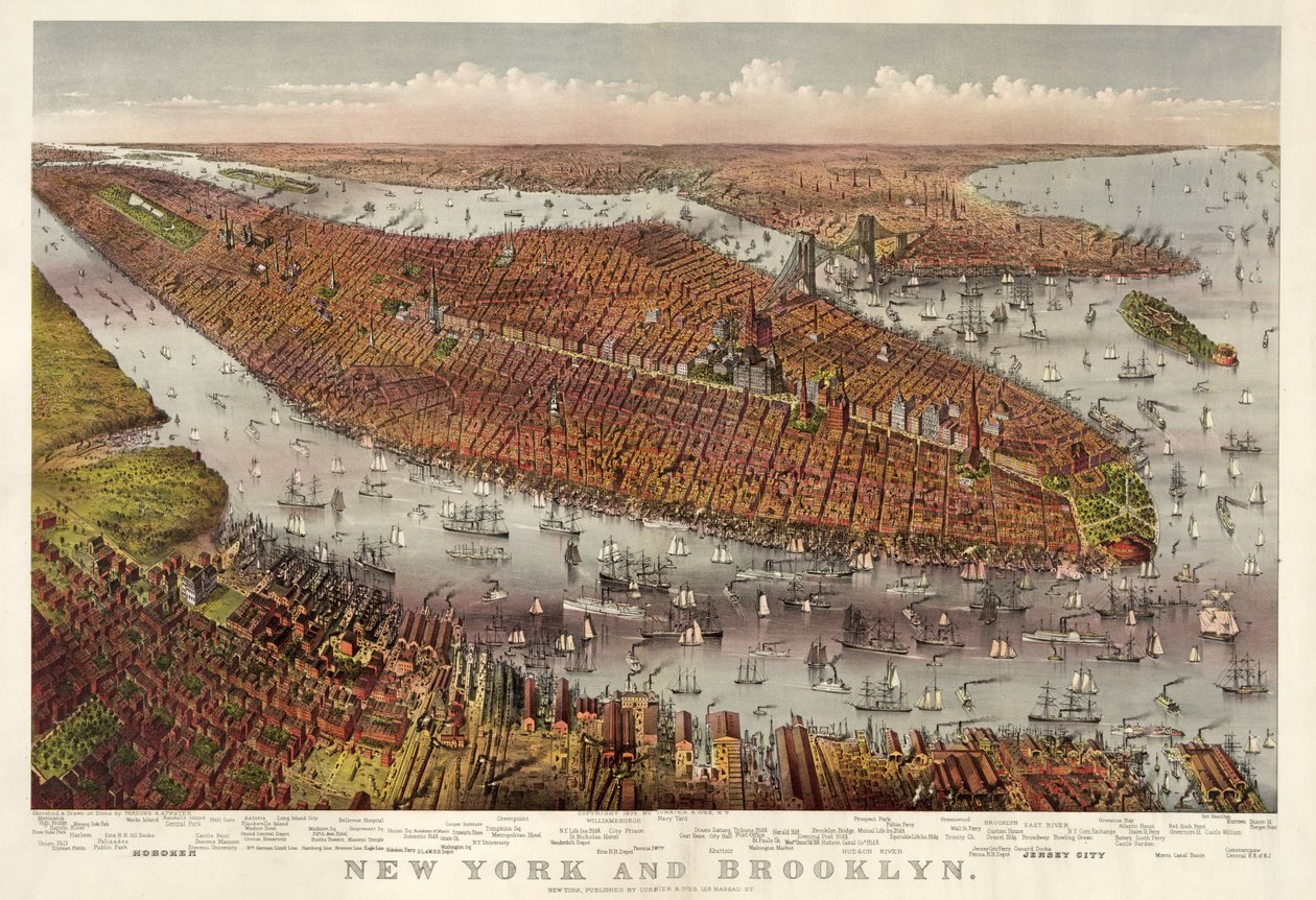 New York ve Brooklyn, birahane. 1875 (renkli litografi) by American School