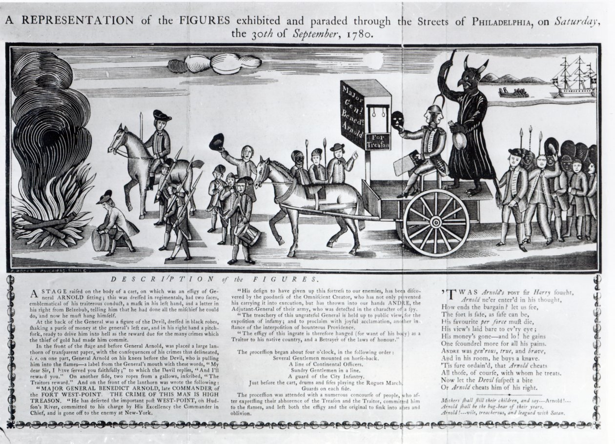 30 Eylül 1780 Cumartesi günü Philadelphia sokaklarında sergilenen ve geçit töreni yapılan figürlerin temsili by American School