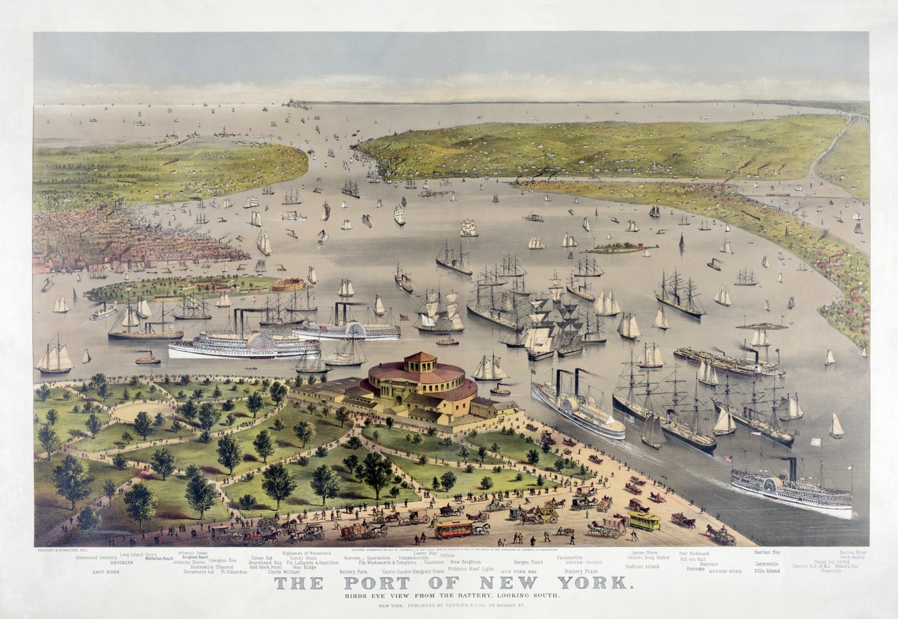 New York Limanı: Pilden Kuş Bakışı Görünümü, Güneye Bakış, pub. 1878 (renkli litografi) by American School