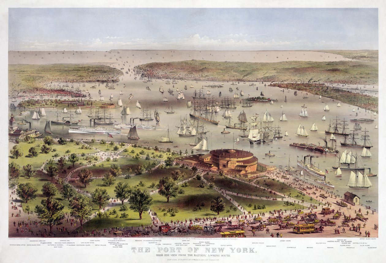 New York Limanı: Pilden Kuş Bakışı Görünümü, Güneye Bakış, pub. 1862 (renkli litografi) by American School