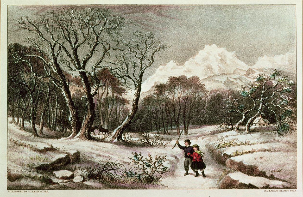 Woodlands in Winter, Nathaniel Currier (1813-88) ve James Merritt Ives (1924-95) tarafından yayınlandı. by American School