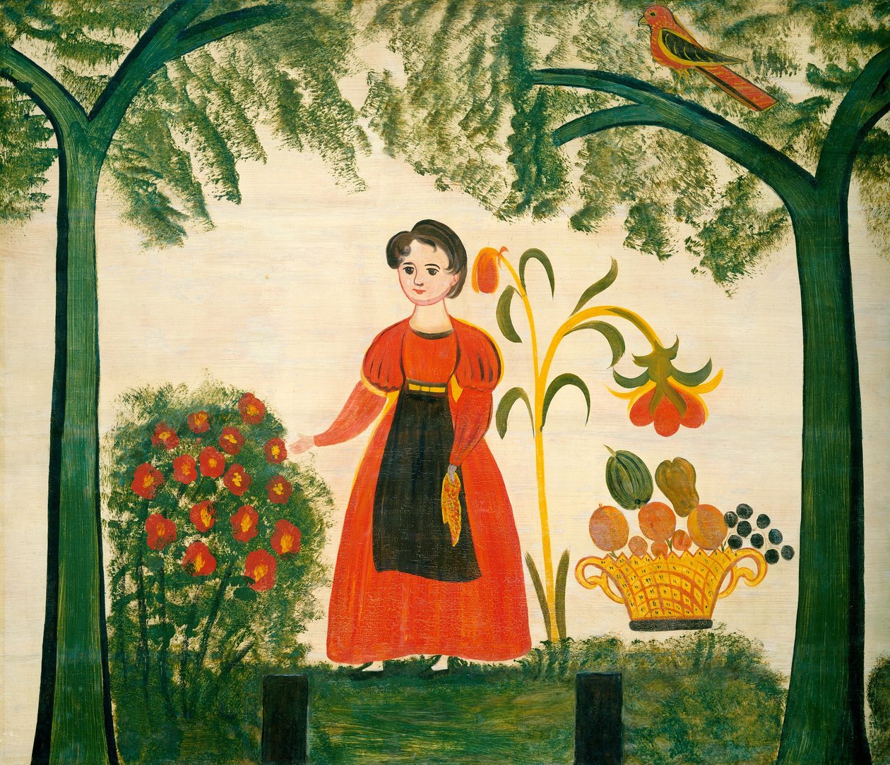 Çiçekli ve Distelfinkli Kırmızılı Kız by American 19th Century
