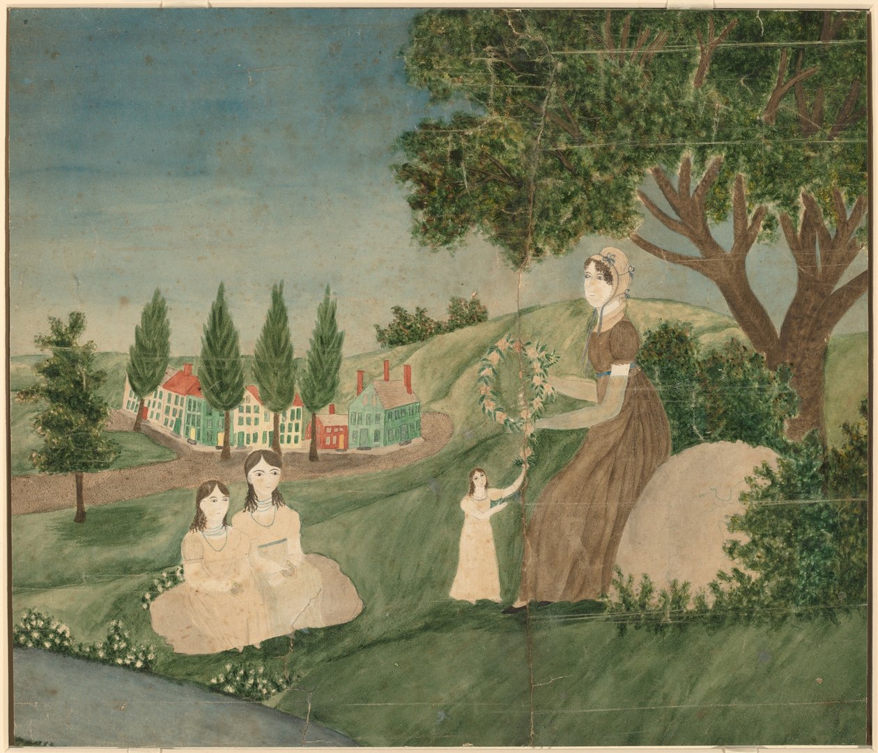 Anne ve Üç Çocuk Çiçek Çelenk Yapıyor by American 19th Century