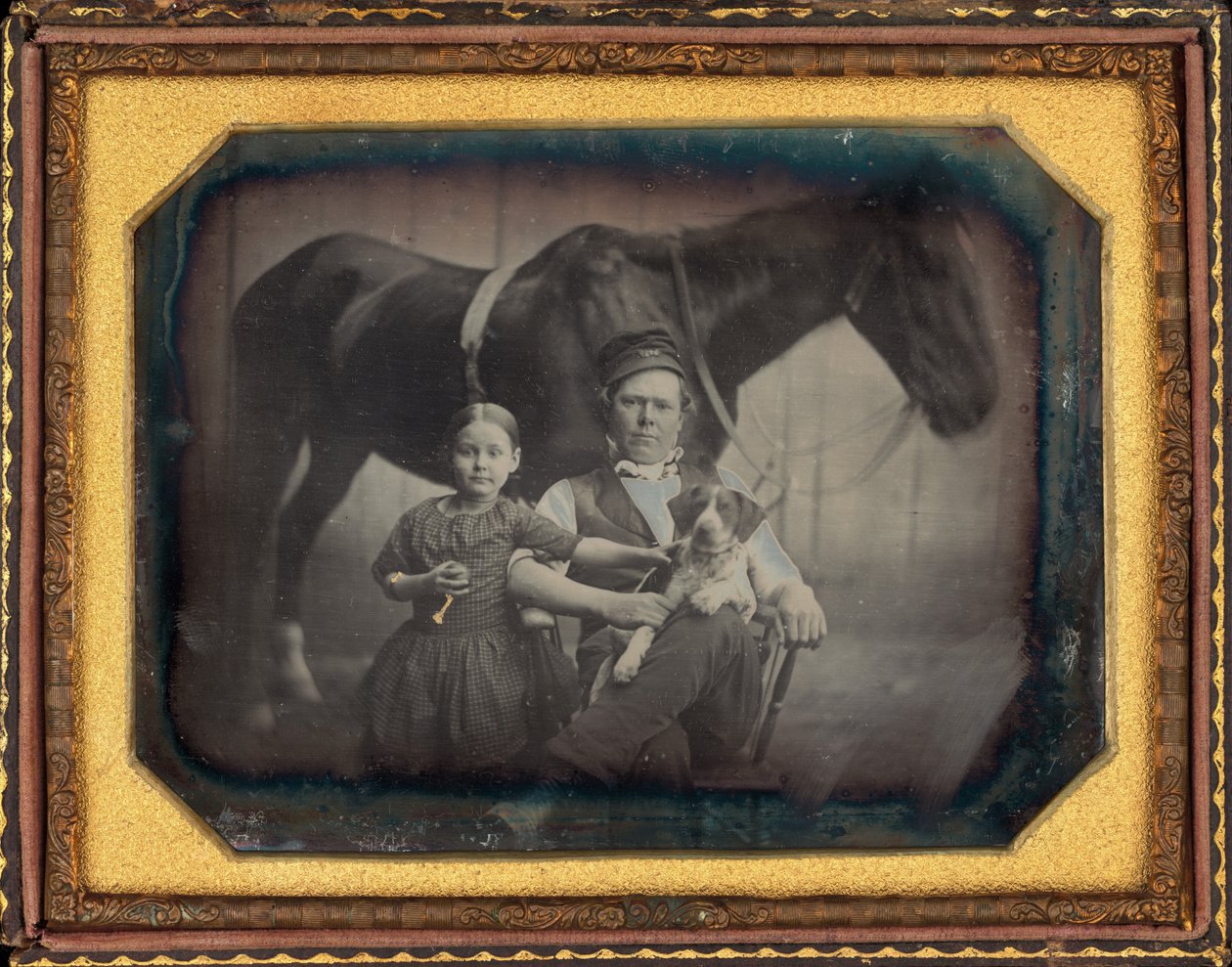 At ve Köpekli Bir Erkek ve Kızın Portresi by American 19th Century