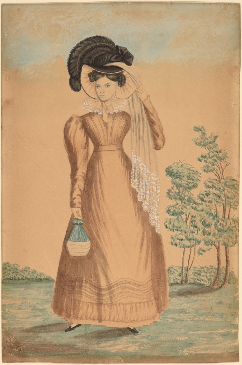 tüylü şapkalı kadın by American 19th Century