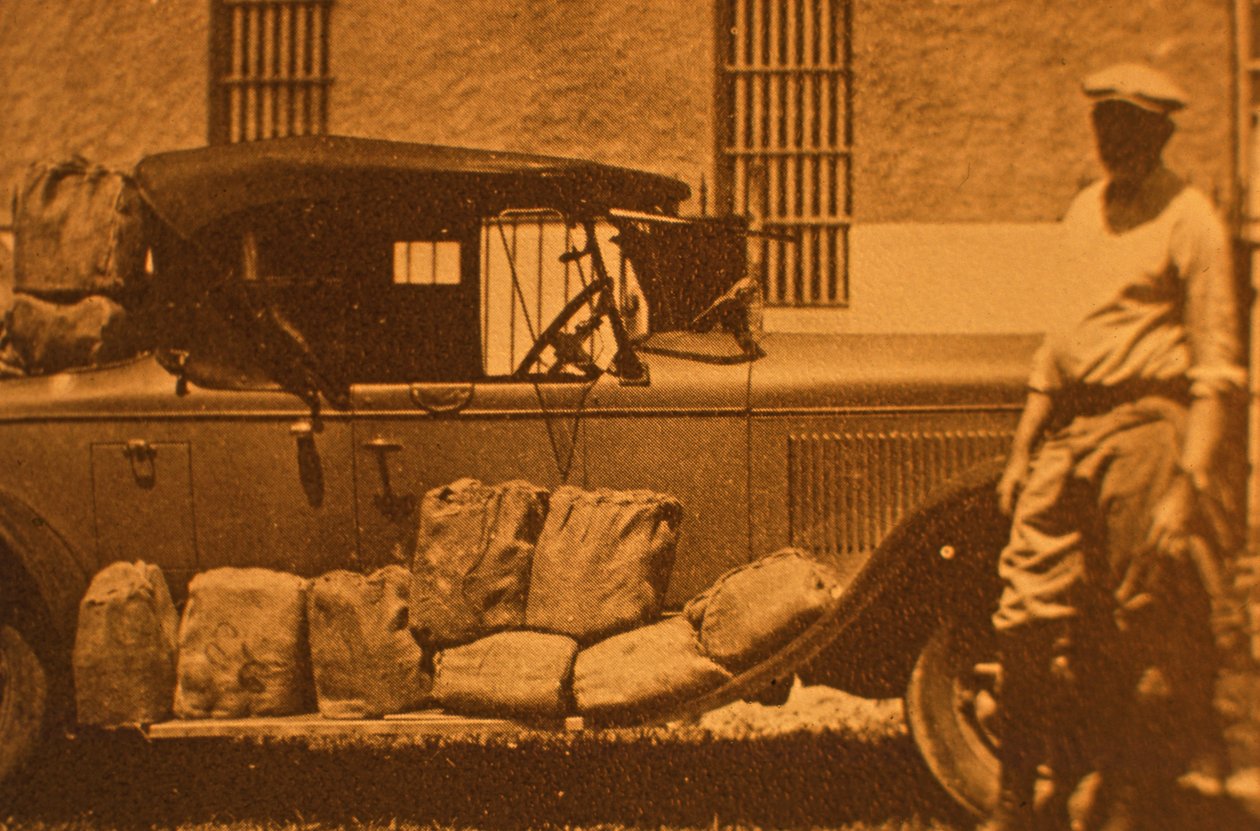 Jambonlar - Yasak sırasında çuval bezine doldurmak için saman ve kağıttan altı şişelik paketler (sepya fotoğrafı) by American Photographer