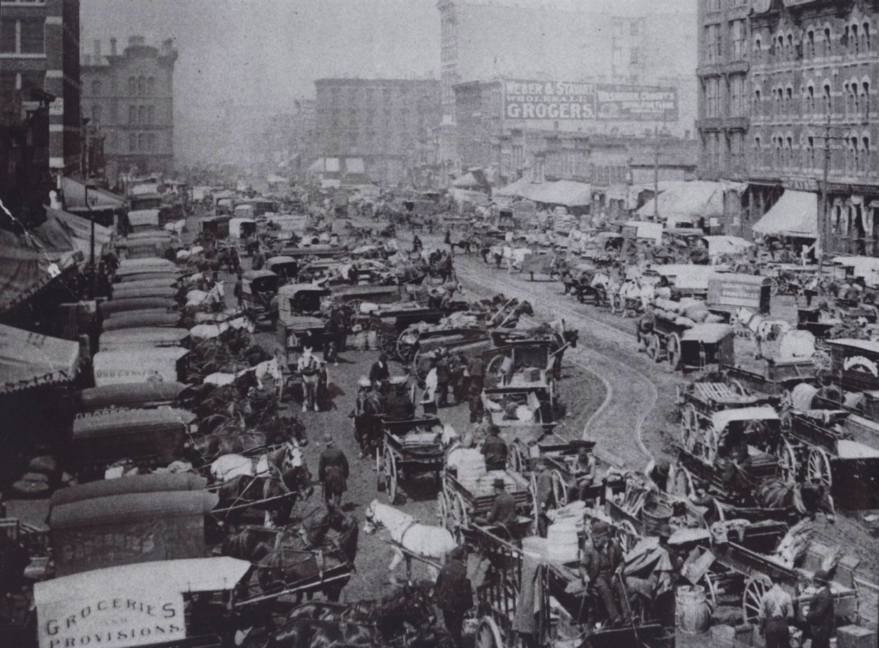 Atlı arabalarla dolu Haymarket Meydanı, Chicago by American Photographer