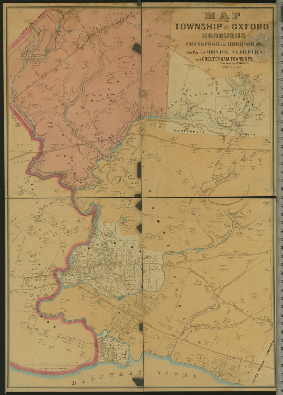 Oxford İlçesi, Frankford ve Bridesburg İlçeleri, Bristol, N. Liberties ve Cheltenham İlçeleri, 1849 bölümleri ile Haritası by American Photographer