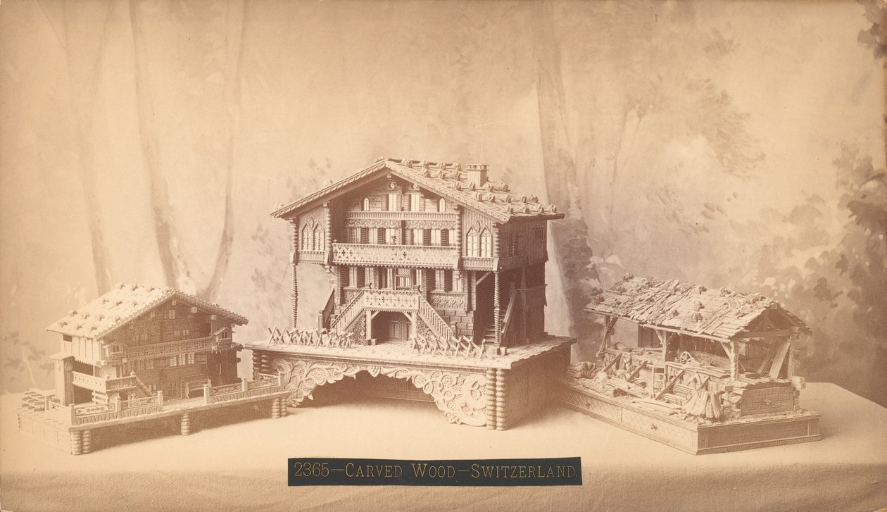 İsviçre kulübeleri, oymalı modeller, Philadelphia Centennial Uluslararası Sergisi, 1876 (gümüş albümen baskı) by American Photographer