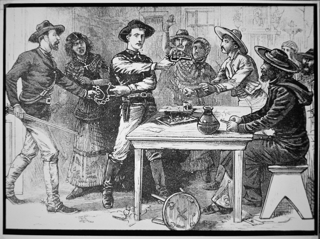 Texas Rangers, Meksikalı bir kanun kaçağını tutuklarken, 1880 dolayları (gravür) by American Photographer