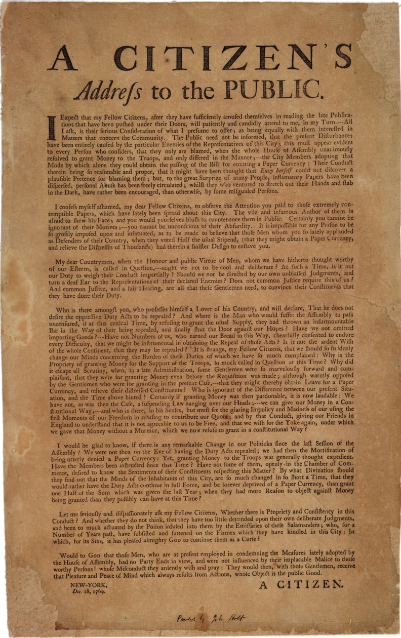 Vatandaşların Halka Seslenişi yeniden: Kraliyet birliklerinin desteği, 18 Aralık 1769 by American School